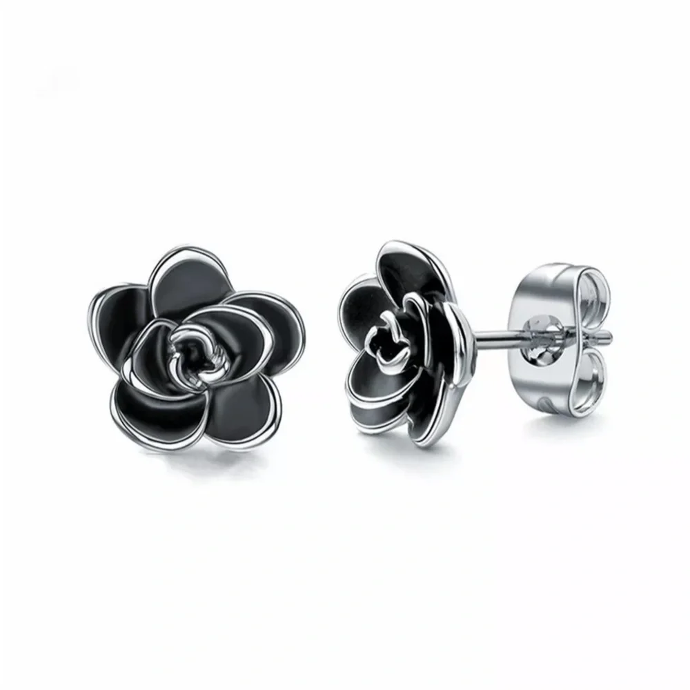 New Lovely 925 Sterling Silver Onyx Flower Studs
